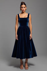 Marineblaues Langes A-Linie Partykleid aus Samt mit quadratischem Ausschnitt